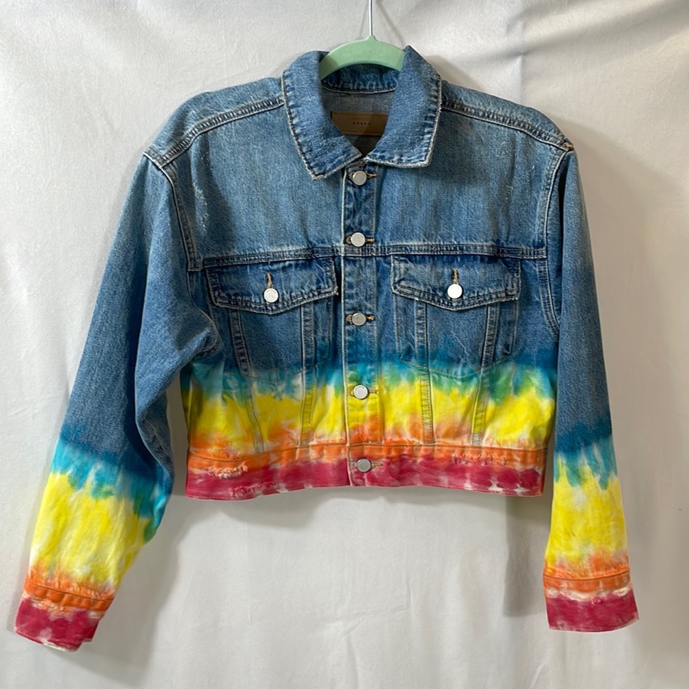 Blank NYC Denim Jean Jacket Size S Small Rainbow Colors and Cropped Look